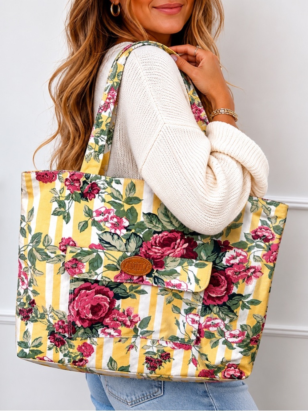 Vintage Gitano Yellow and Pink Floral Stripe Tote Bag